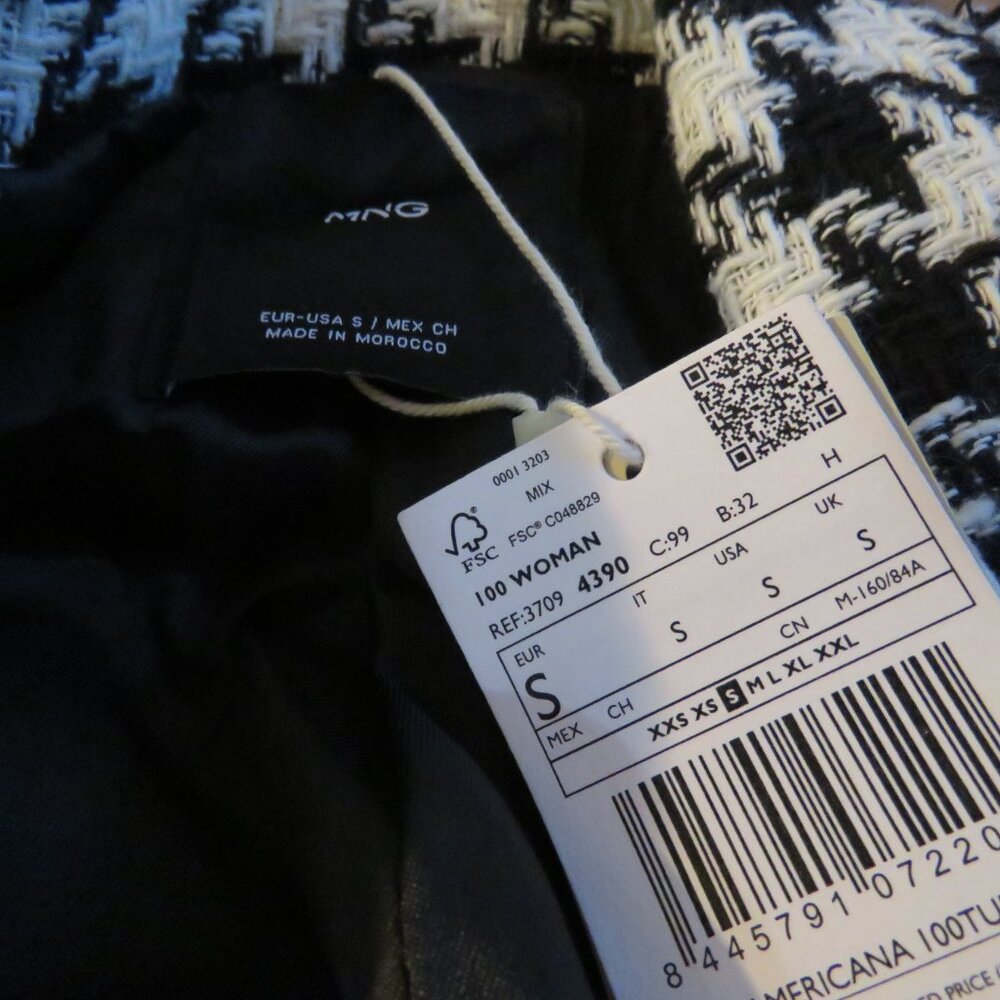 MANGO Houndstooth Wool Blend Frayed Hem Blazer Academia Black White - Size S NWT - Picture 14 of 14